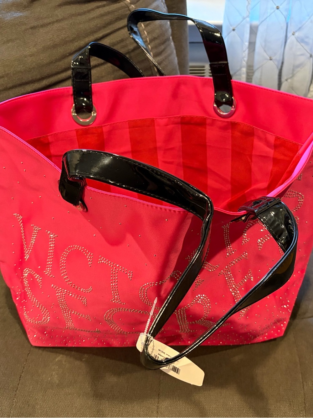 Victoria's Secret Hot Pink Tote with Black Patent Handles